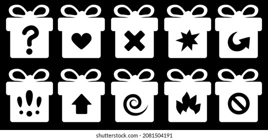 Símbolo de cajas de regalo icono de esténcil marcado selección de icono blanco, ilustración vectorial, horizontal, sobre negro, aislado

