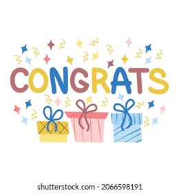 Gift boxes and text Congrats , cartoon vector illustration.