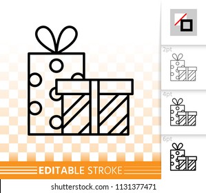 Gift boxes thin line icon. Outline web sign of bounty box. Present linear pictogram with different stroke width. Simple vector symbol, transparent background. Gift editable stroke icon without fill