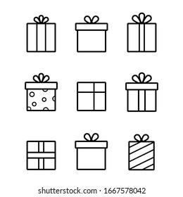 Gift boxes thin line vector icons. Box for gift and present gift box in linear style