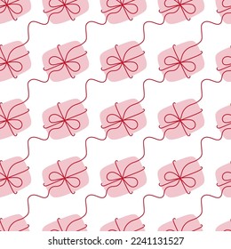 Gift boxes with a tied bow. Simple vector illustration in doodle style, seamless pattern