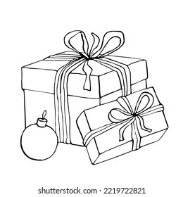 Gift boxes tied with bow sketch. Hand drawn vector doodle illustration.