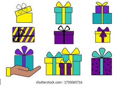 Gift boxes tied with ribbon. Vector image of surprises. Flat icons for different holidays. Stock Photo.