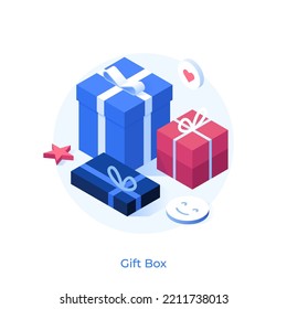 Gift boxes tied with ribbons. Concept of buying presents, holiday sale or offer, festive discount, shop advertisement, store promotion, bonus products. Modern isometric vector illustration for poster.