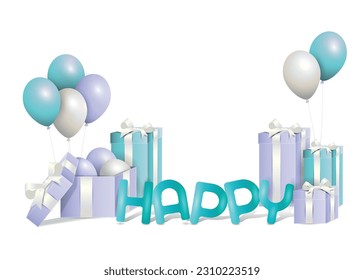 Gift boxes tied with silver ribbons decorated with white color, turquoise color, light purple color of balloons and turquoise color HAPPY word. Vector illustration on white background.