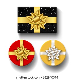 Gift boxes top view with ribbons bow set. Isolated white background. Decoration present gift boxes for holiday, Valentine celebration, birthday surprise. Package giftbox design Vector illustration
