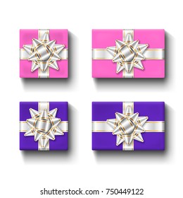 Gift boxes top view with ribbons bow set. Isolated white background. Decoration present gift boxes for holiday, Valentine celebration, birthday surprise. Package giftbox design Vector illustration