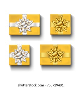 Gift boxes top view with ribbons bow set. Isolated white background. Decoration present gold gift boxes for holiday, Valentine celebration, birthday surprise. Package giftbox Vector illustration