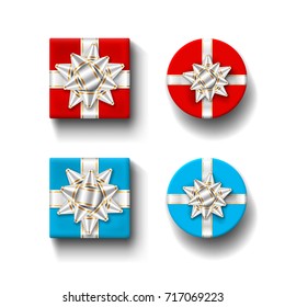 Gift boxes top view set, isolated white background. Silver ribbons bow on color giftbox. Present design for Christmas celebration, New Year holiday, gift box birthday decoration Vector illustration