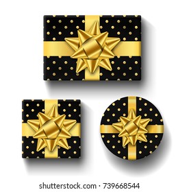 Gift boxes top view set, isolated white background. Gold ribbons bow on black giftbox. Present design for Christmas celebration, New Year holiday, gift box birthday decoration Vector illustration