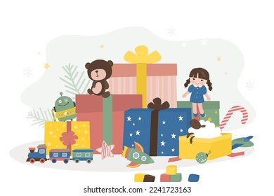 Gift boxes, toys, gifts. Boxing day, concept. Presents for children and kids. Various toys - doll, teddy bear and others. Christmas or birthday gifts. Flat vector illustration