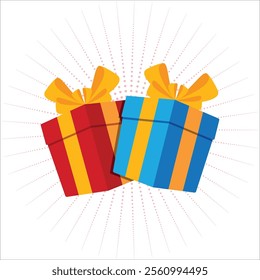 Gift boxes two present boxes with dotted sunburst effect background. Surprise in the box. Vector illustration stock illustration