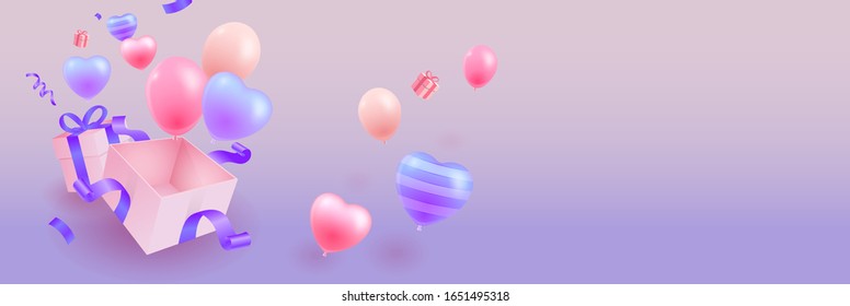 Gift Boxes Unboxing And Heart Balloons On A Pastel Color Background, Landscape View, Vector Illustration. 