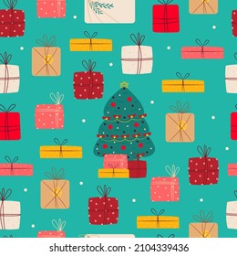 Gift boxes under the Christmas tree seamless pattern. Vector print flat cartoon style.