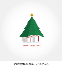 Gift boxes under Christmas tree in white background . For celebration, party cover card. Minimal style vector illustration.