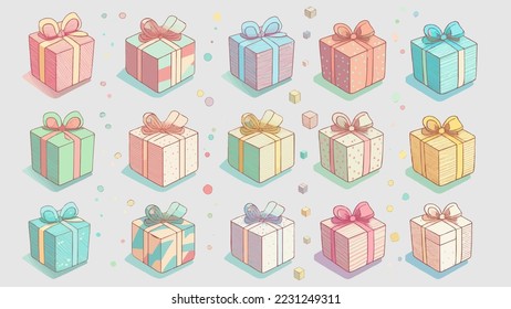 Gift boxes with various pastel color and pattern of wrapping paper (with colorful ornaments) in set of vector