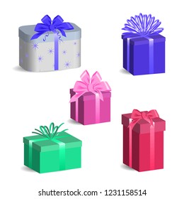 Gift boxes of various shapes with ribbons and bows. Set of holiday gifts.