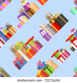 Gift boxes vector christmas presents gifted on Xmas seamless pattern greeting colorful birthday gifts boxed and wrapped with ribbon bow isolated party objects background illustration. 