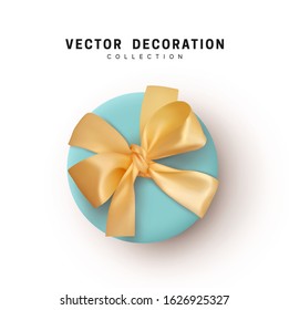 Gift Boxes Vector. Festive Realistic Objects. Blue Gift Box tied ribbon bow from string fabric silk beige. Holiday Presents round shape