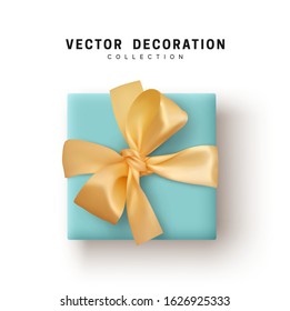 Gift Boxes Vector. Festive Realistic Objects. Blue Gift Box tied ribbon bow from string fabric silk beige. Holiday Presents square shape
