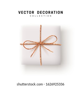 Gift Boxes Vector. Festive Realistic Objects. White Gift Box tied ribbon bow from string Twine Rope, Twisted Thread Cord. Holiday Presents square shape. flat top view. flat top view. Flatly design