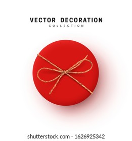 Gift Boxes Vector. Festive Realistic Objects. Red Gift Box tied ribbon bow from string Twine Rope, Twisted Thread Cord. Holiday Presents round shape