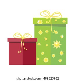 Gift boxes vector icon in flat style. Packaged with red and green with stars paper presents. Holiday surprise. For app button, infogpaphics elements, logo, web design. Isolated on white background