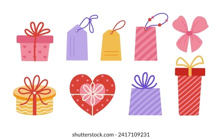 Gift boxes vector icon set. Colorful closed containers with bows and ribbons, tags on the strings. Various presents with hearts, stripes. Funny surprises for a party, anniversary. Flat cartoon clipart