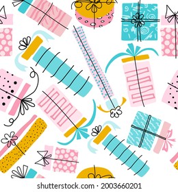 Gift boxes, vector icons with a seamless pattern.Colorful textiles made of wrapping paper, a pattern for the production of fabrics.Christmas, Birthday, Valentine's Day.