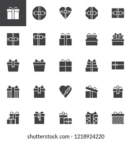 Gift boxes vector icons set, modern solid symbol collection, filled style pictogram pack. Signs, logo illustration. Set includes icons as heart gift box, christmas present box with bow and ribbon