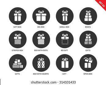 Gift boxes vector icons set. Party and celebration concept. Surprise and birthday items, gift, present, ribbon, small and big boxes. Isolated on white background