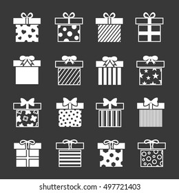 Gift boxes vector icons set in black and white. Christmas package to celebration illustration