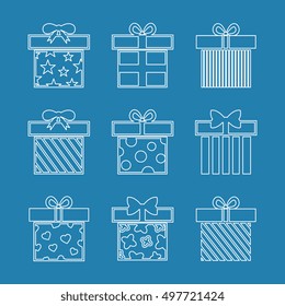 Gift boxes vector icons set in white blue. Christmas object and xmas event illustration