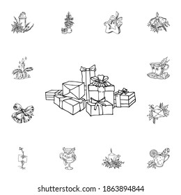 Gift boxes vector illustration in color and outline sketch style on white background