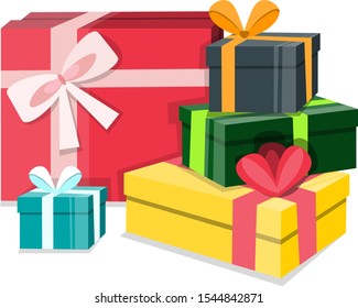 Gift boxes. Vector illustration. Pile of different colorful isometric gift boxes with ribbons isolated  in white background. Colored boxes for gifts for holidays: New Year, birthday, Valentine's Day