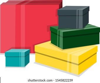 Gift boxes. Vector illustration. Pile of different colorful isometric gift boxes isolated in white background. Colored boxes for gifts for holidays: New Year, birthday, Valentine Day. Shopping boxes.