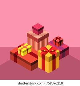 Gift boxes Vector illustration Pile of different colorful isometric gift boxes with ribbons in shades of red and yellow on pink background Flat design