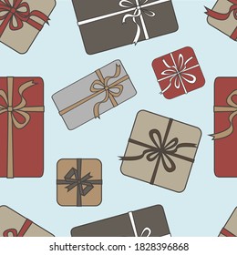 Gift boxes vector pattern flat style. Seamless background with gift boxes with bows. Illustration for greeting cards, invitations, posters.