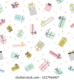 Gift boxes vector pattern in hand drawn doodle style with confetti. Seamless background with presents for birthday party. Illustration for greeting cards, invitations, posters. 