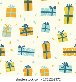 Gift boxes vector pattern in hand drawn doodle style and confetti  Seamless background and presents for birthday party  Illustration for greeting cards  invitations  posters  