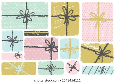 Gift boxes vector pattern in hand drawn doodle style. Seamless hand draw background with presents. Birthday holidays party. Vector Illustration for greeting cards, Christmas, invitations, posters.