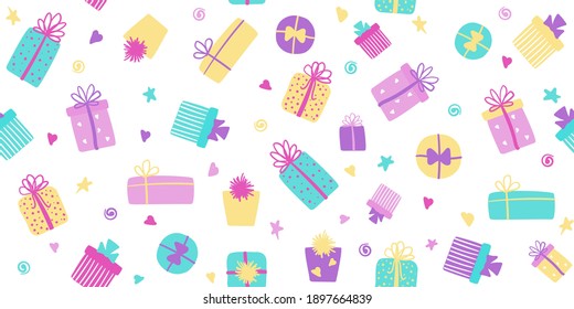 Gift boxes vector seamless pattern. Cute long background, banner with festive colorful presents. For wrapping paper, fabric print, wallpapers, birthday greetings