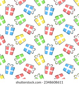 Gift boxes vector seamless pattern. Hand drawn doodle elements on white background. Best for textile, print, wrapping paper, package and festive decoration.
