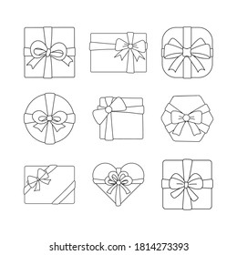 Gift boxes vector. Set of black outline gift boxes icon. Collection of hand-drawn simple gifts cartoon. Line pattern. Elements for Holiday, Christmas, Valentine, Anniversary. Vector illustration.