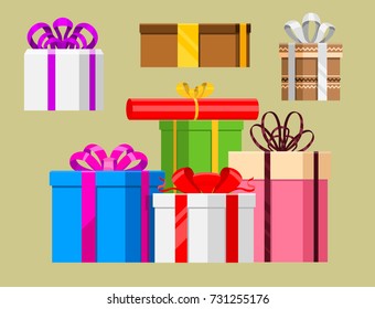 Gift boxes vector set christmas presents gifted on xmas greeting  colorful birthday gifts boxed and wrapped with ribbon bow isolated party objects illustration.