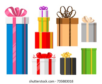 Gift boxes vector set christmas presents gifted on xmas greeting colorful birthday gifts boxed and wrapped with ribbon bow isolated party objects illustration.