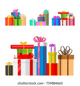 Gift boxes vector set christmas presents gifted on xmas greeting colorful birthday gifts boxed and wrapped with ribbon bow isolated party objects illustration.