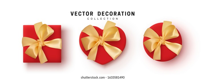 Gift Boxes Vector. Set Festive Realistic Objects. Red Gift Box tied ribbon bow from string fabric silk beige. Holiday Presents Different shape