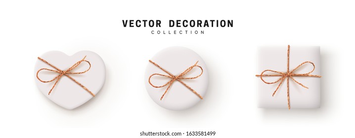 Gift Boxes Vector. Set Festive Realistic Objects. White Gift Box tied ribbon bow from string Twine Rope, Twisted Thread Cord. Holiday Presents Different shape