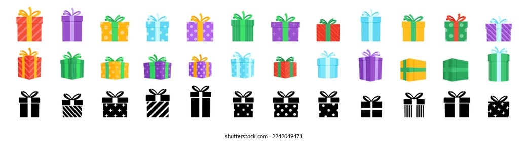 Gift boxes vector set. Flat and silhouette icons.